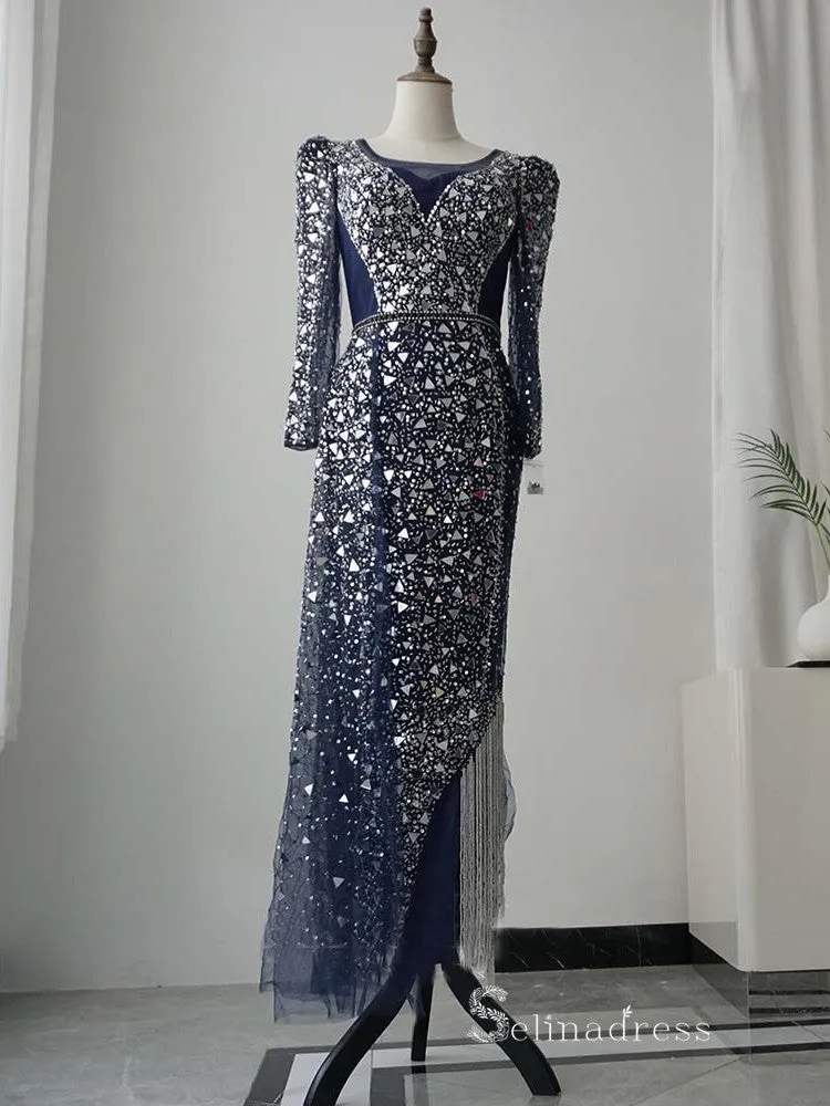 luxury Sheath/Column Square Neck Long Sleeve Beaded Prom Dress Evening Dress MLH0471