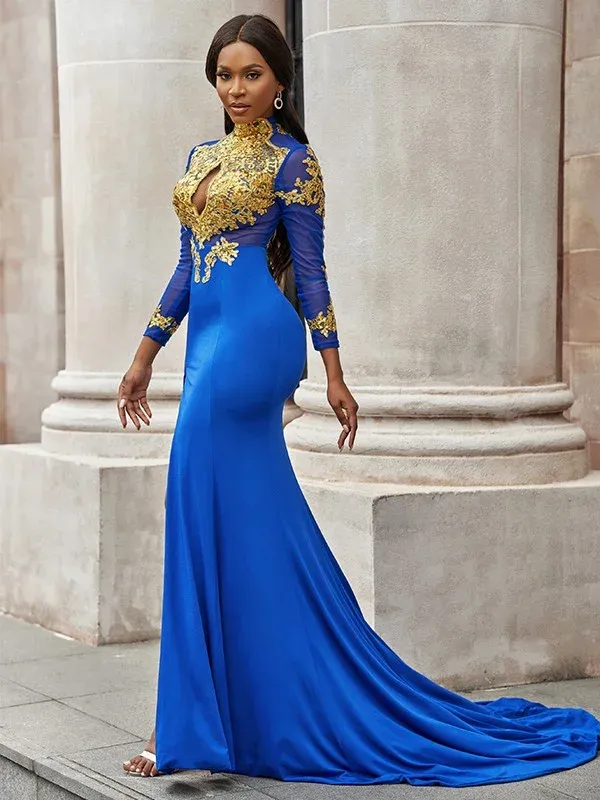 Mermaid High Neck Royal Blue African Prom Dress Gold Applique Evening Gowns #POL038