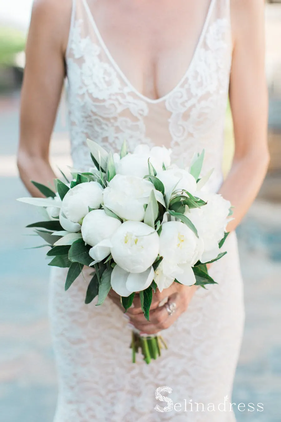 Mermaid Lace Wedding Dresses Sweep Train Open Back V neck Sexy Bridal Gown SEW039