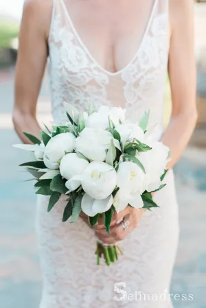 Mermaid Lace Wedding Dresses Sweep Train Open Back V neck Sexy Bridal Gown SEW039