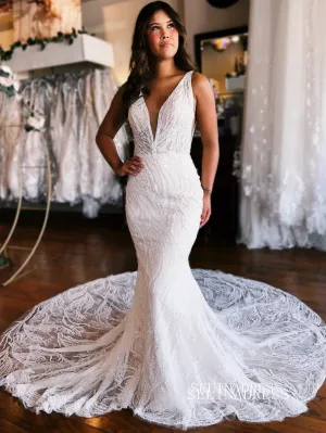 Mermaid V neck White Wedding Dresses Sparkly Bridal Gowns EWR459