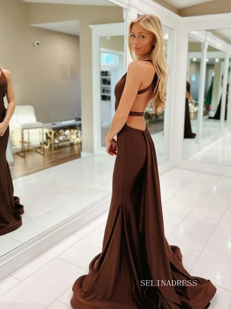 Pale Yellow Mermaid Satin Prom Dresses with Tail V-Neck Evening Dress EWR200
