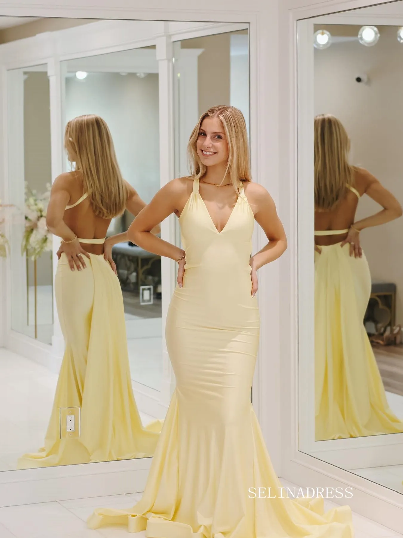 Pale Yellow Mermaid Satin Prom Dresses with Tail V-Neck Evening Dress EWR200