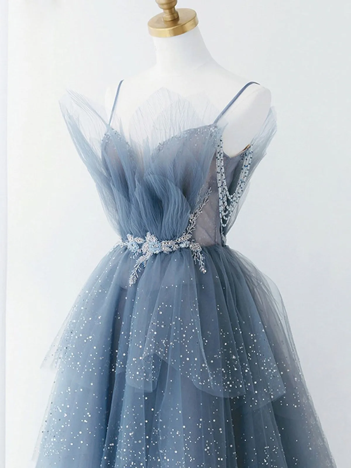 Shiny Blue Beaded Puffy Long Prom Dresses, Blue Beaded Long Formal Graduation Dresses
