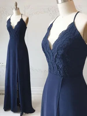 Spaghetti Straps Floor Length Navy Blue Lace Prom Dresses Navy Blue Lace Formal Evening Bridesmaid Dresses