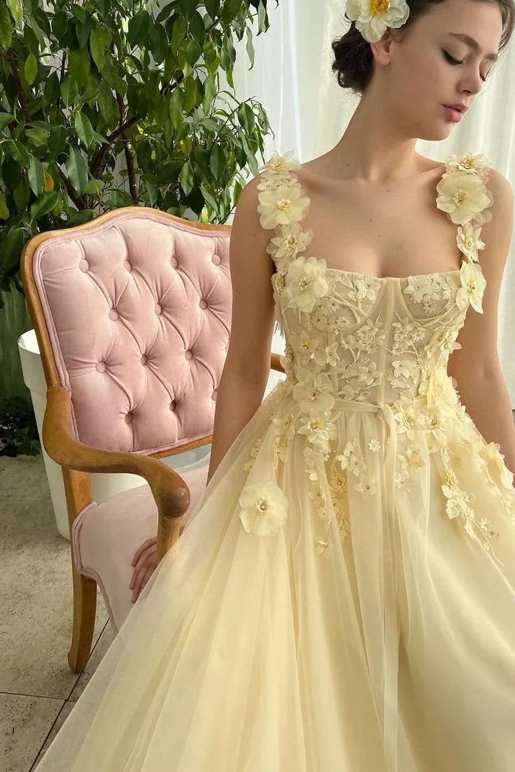 Square Open Back Appliques Lace Prom Dress Sleeveless Evening Dress EWR318