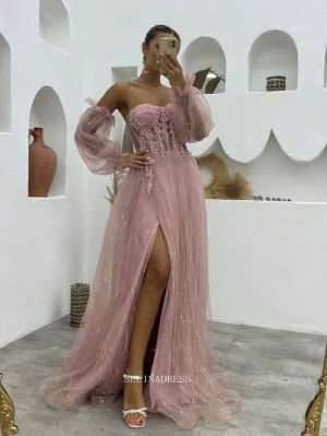 Strapless Pink Long Prom Dresses Tulle Long Puff Sleeve Evening Dresses Bridsmaid Dress POL020