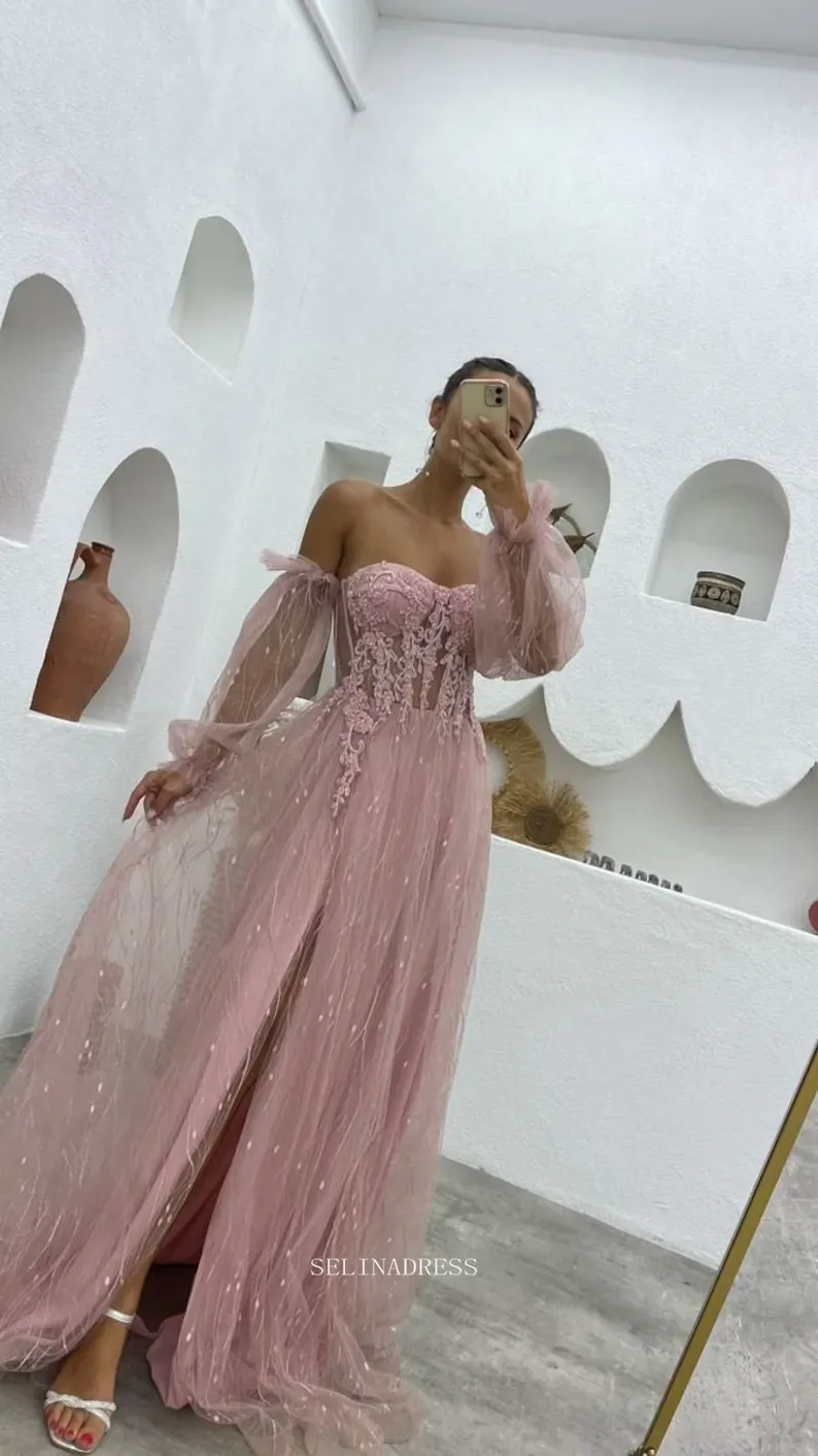 Strapless Pink Long Prom Dresses Tulle Long Puff Sleeve Evening Dresses Bridsmaid Dress POL020