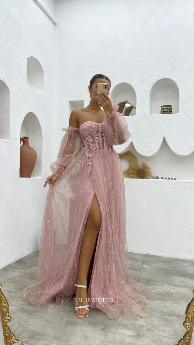 Strapless Pink Long Prom Dresses Tulle Long Puff Sleeve Evening Dresses Bridsmaid Dress POL020
