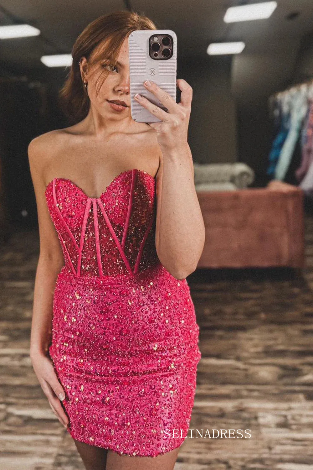 Sweetheart Sequins Homecoming Dresses Fuchsia Hoco Dress #EWR559