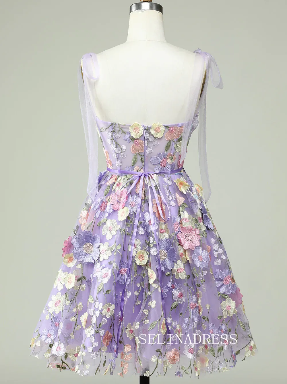 Tie Straps Lavender Embroidery Floral Homecoming Dresses Short Party Dress SEA001