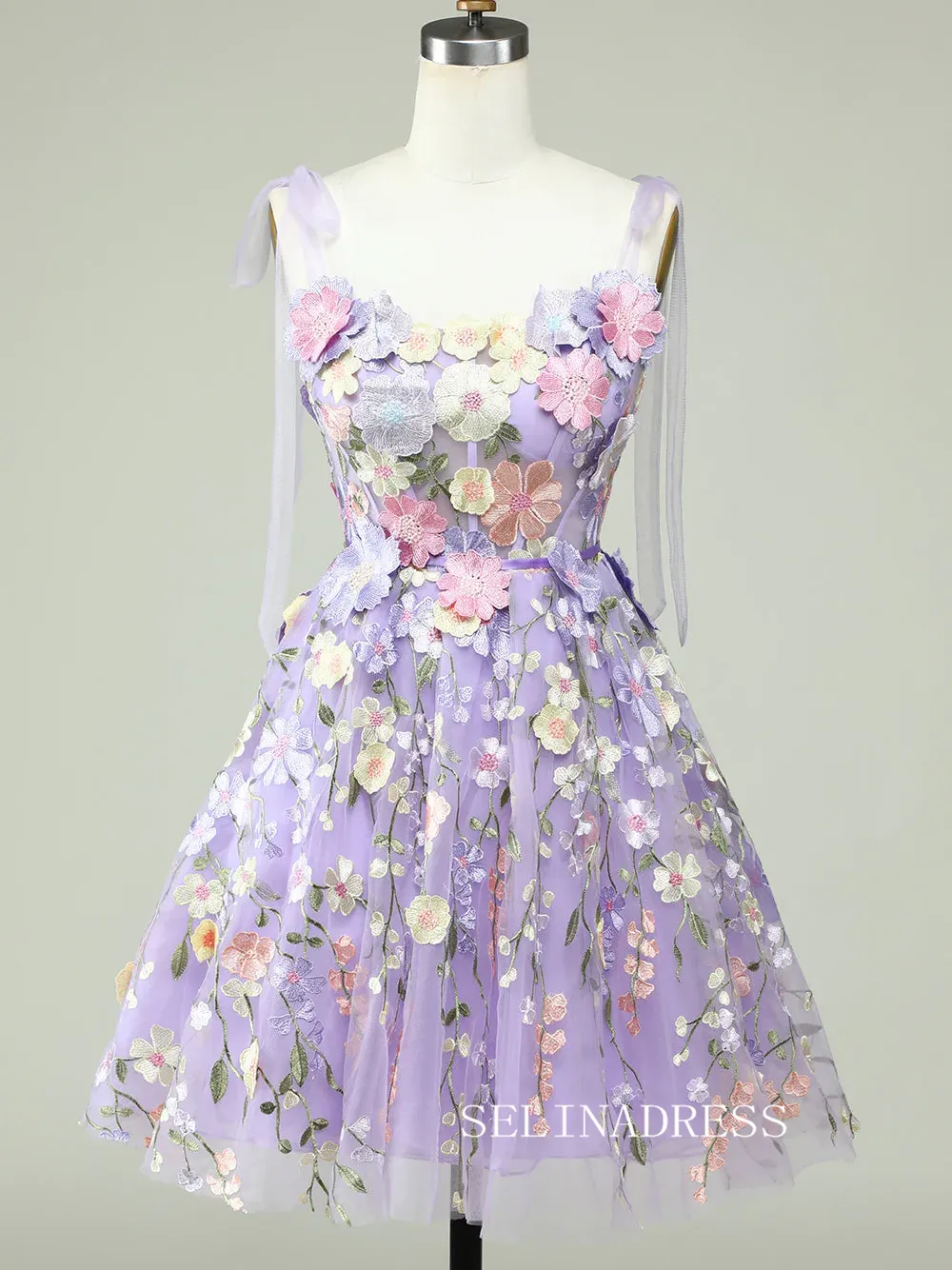 Tie Straps Lavender Embroidery Floral Homecoming Dresses Short Party Dress SEA001