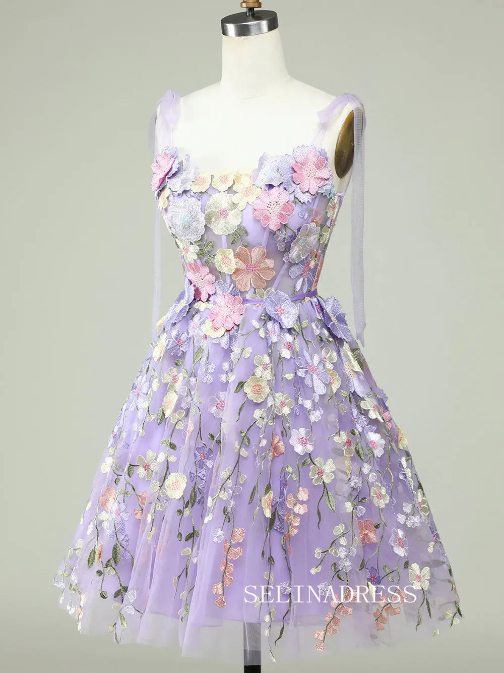 Tie Straps Lavender Embroidery Floral Homecoming Dresses Short Party Dress SEA001